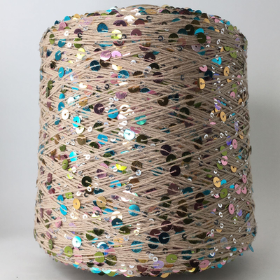 GLAMOUR ; 100% хлопок, пайетки 3мм и 6мм; 240м/100гр; цвет: "карнавал", цветные пайетки (розовые, золотые, зеленые, бирюзовые) на тёмно-бежевой нити.