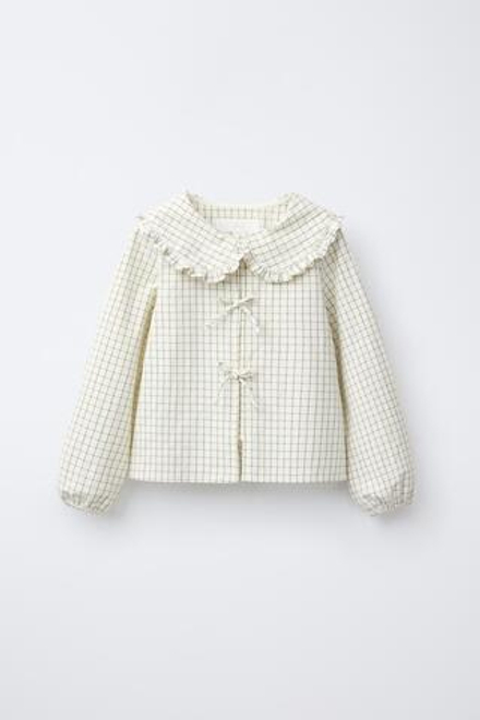 ZARA БЛУЗА В КЛЕТКУ С КРУГЛЫМ ВОРОТНИКОМ, ЭКРЮ