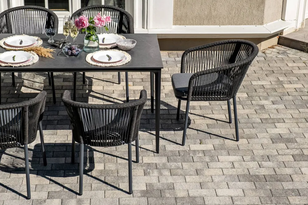 "Малага" обеденная группа на 6 персон со стульями "Марсель", каркас темно-серый, роуп темно-серый