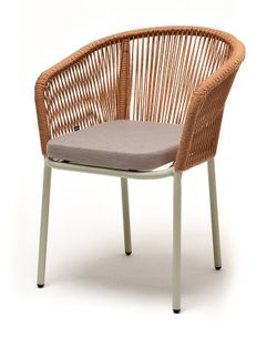 "Марсель" стул плетеный из роупа, каркас алюминий бежево-серый (RAL7006) муар, роуп оранжевый меланж круглый, ткань бежевая 15052