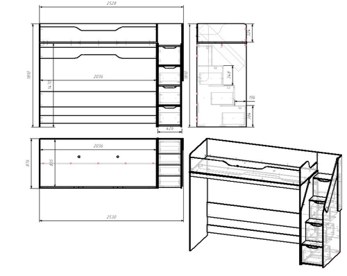 RICH Кровать - чердак КР-001 (сп.место 0.8 х 2.0 м) Дуб Крафт золотой / Кенди U9114 (УД) / Сумеречный голубой