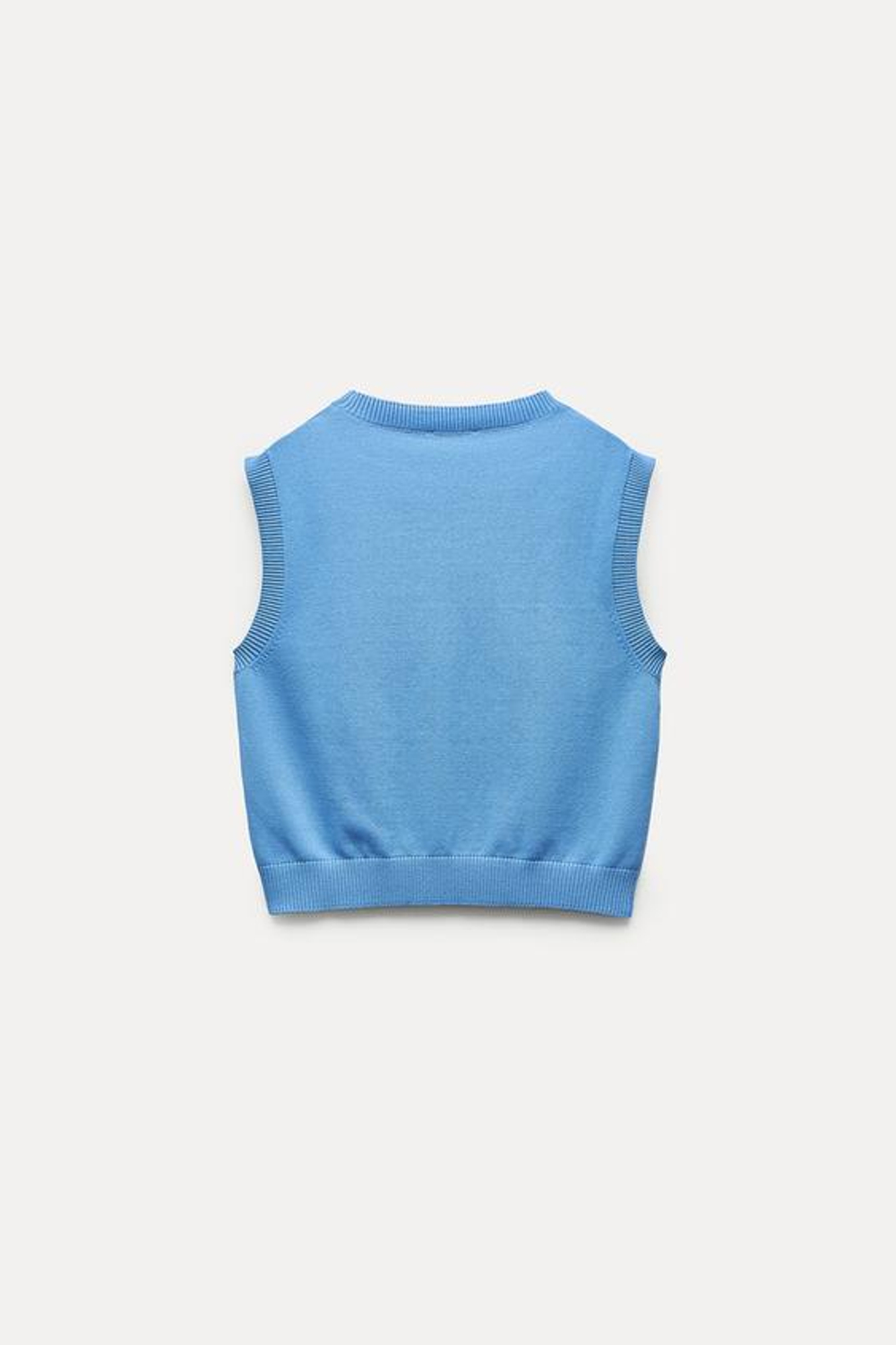 ZARA ОДНОТОННЫЙ ТРИКОТАЖНЫЙ ТОП БЕЗ РУКАВОВ, ЛИНЯЛЫЙ СИНИЙ