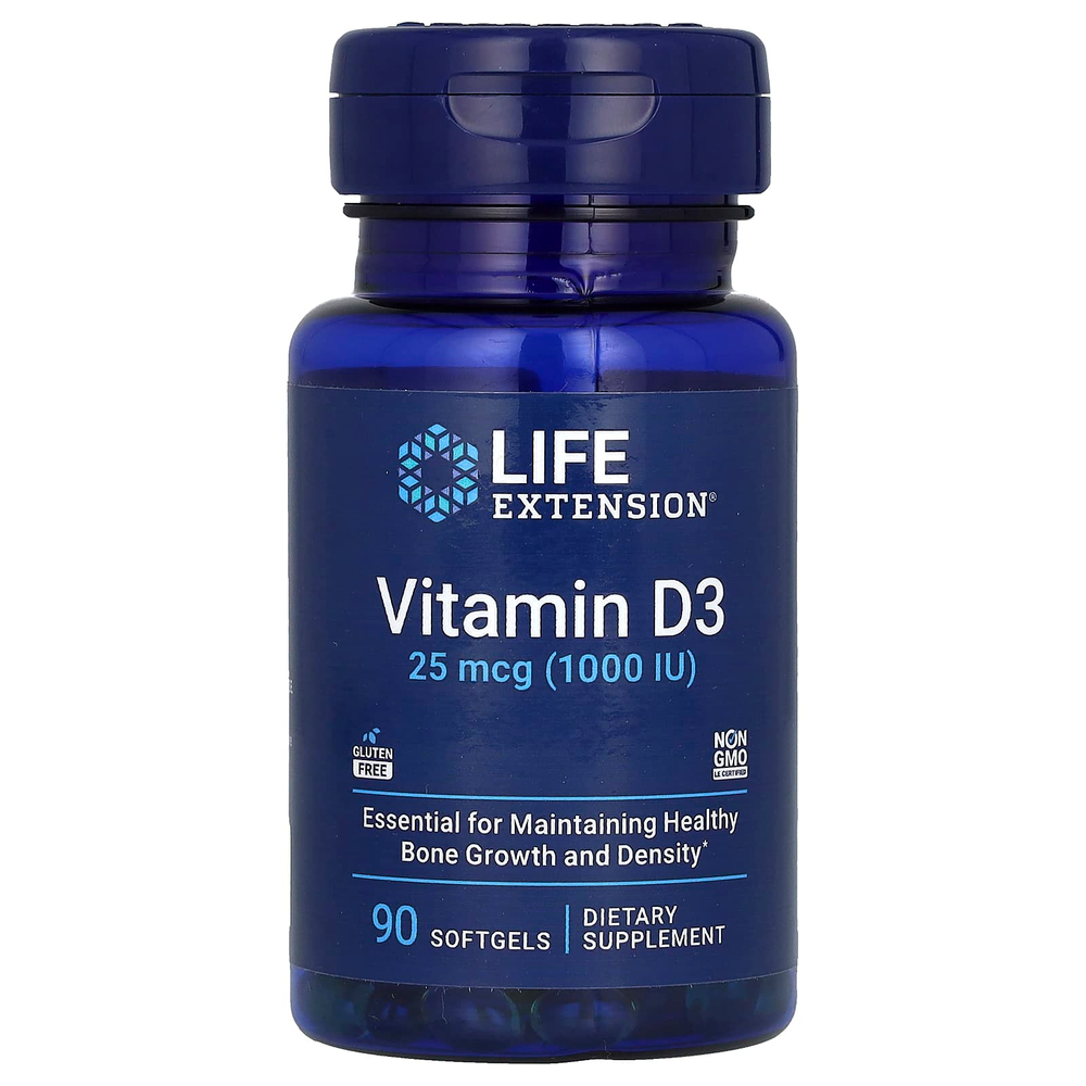 Life Extension, Витамин D3, 25 мкг (1000 МЕ), 90 мягких таблеток