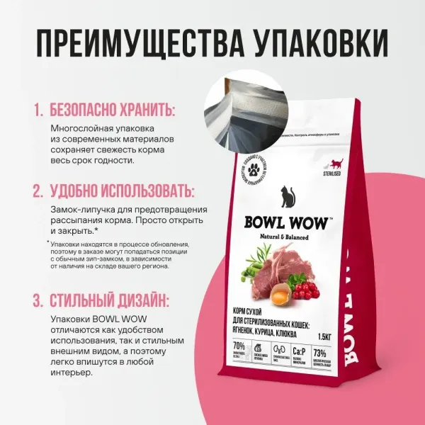 Сухой корм BOWL WOW для стерилизованных кошек с ягненком, курицей и клюквой