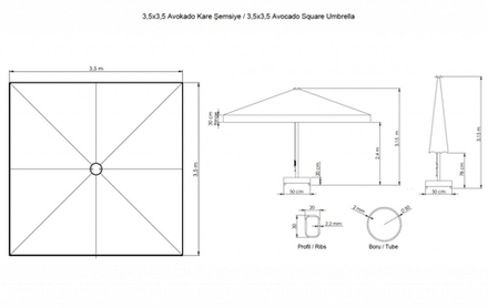 Зонт профессиональный 3.5х3.5 м Theumbrela Semsiye Evi Avocado, серебристый, серый