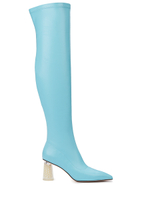 Женские бирюзовые ботфорты с жемчужным каблуком