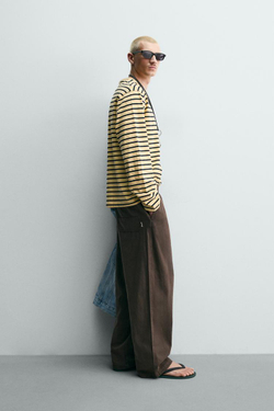 ZARA БРЮКИ RELAXED FIT В ЕЛОЧКУ, КОРИЧНЕВЫЙ