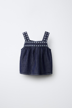 ZARA ТОП ИЗ ДЕНИМА С ЦВЕТОЧНОЙ ВЫШИВКОЙ, СИНИЙ