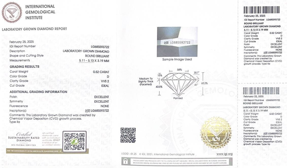 Лабораторно-выращенный бриллиант Кр-57 5.11-5.13 мм D/VVS2 0.52 ct