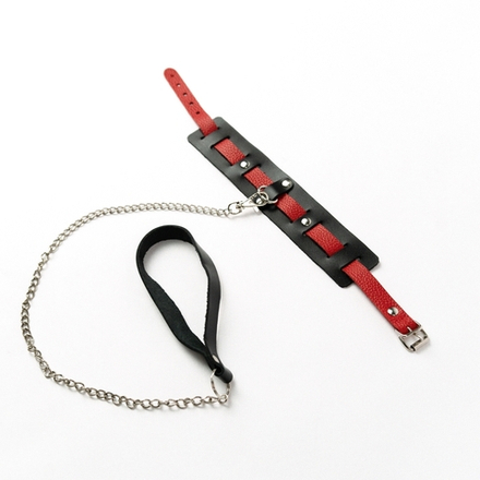 Черный кожаный ошейник с красным ремешком