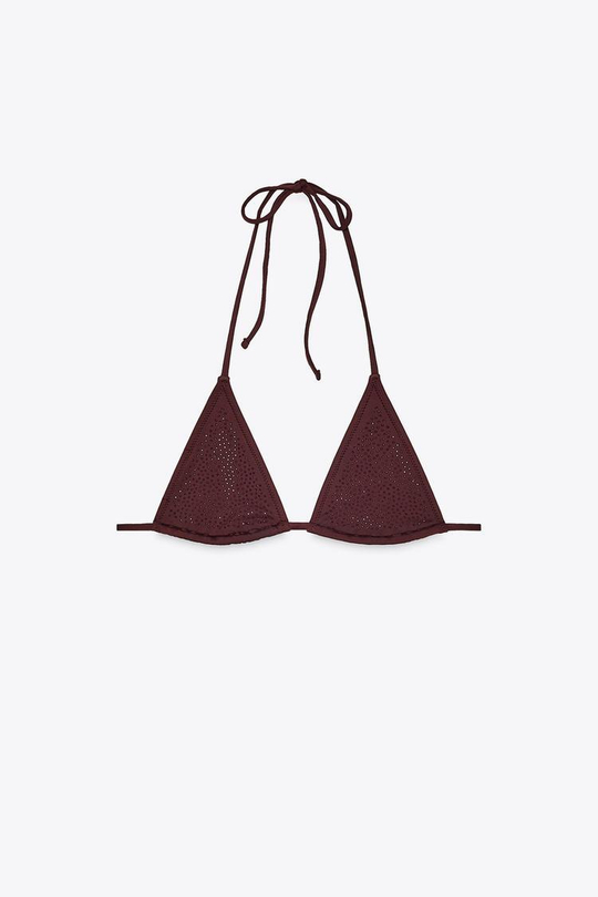 ZARA ТОП БИКИНИ С ТРЕУГОЛЬНЫМИ ЧАШКАМИ И СТРАЗАМИ, КОРИЧНЕВЫЙ