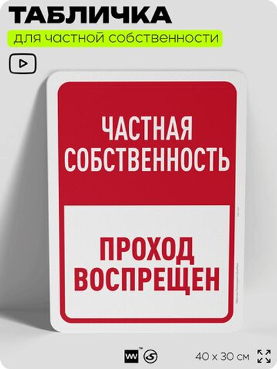 Табличка для частной территории "Частная собственность, проход воспрещен", на дом, для участка, организаций, предупреждающая, 40х30 см, Silver Plane x Айдентика Технолоджи