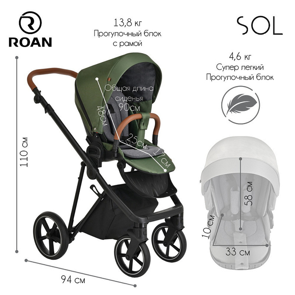 Детская коляска Roan Sol 3 в 1 с автокреслом Avionaut Silver Black RSL/1013 Boho Green