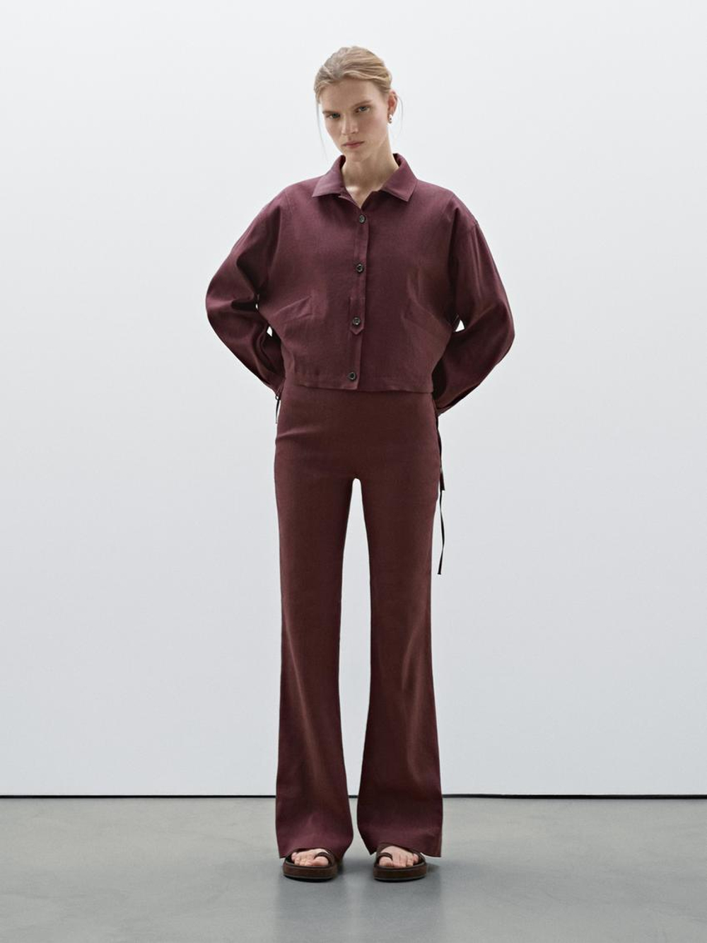 Massimo Dutti Куртка-бомбер из струящейся смесовой льняной ткани, бургундский