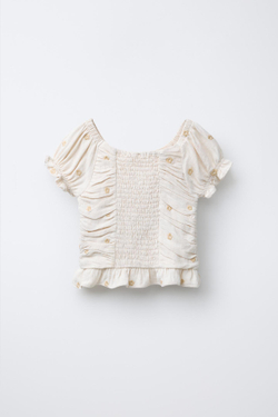 ZARA ТОП ИЗ СМЕСОВОГО ЛЬНА СО СБОРКАМИ И ЦВЕТОЧНОЙ ВЫШИВКОЙ, ПЕСОЧНЫЙ