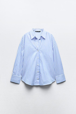 ZARA РУБАШКА ИЗ ПОПЛИНА В ПОЛОСКУ, СИНИЙ