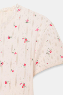 ZARA ФУТБОЛКА С ПЕРФОРАЦИЕЙ И ЦВЕТАМИ, ЭКРЮ