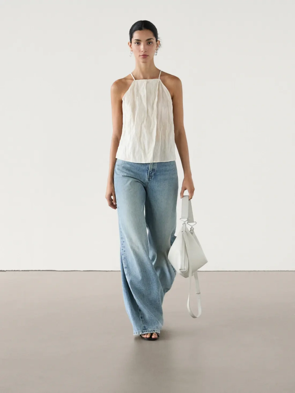 Massimo Dutti Топ с горловиной халтер и принтом, натуральный, кремовый