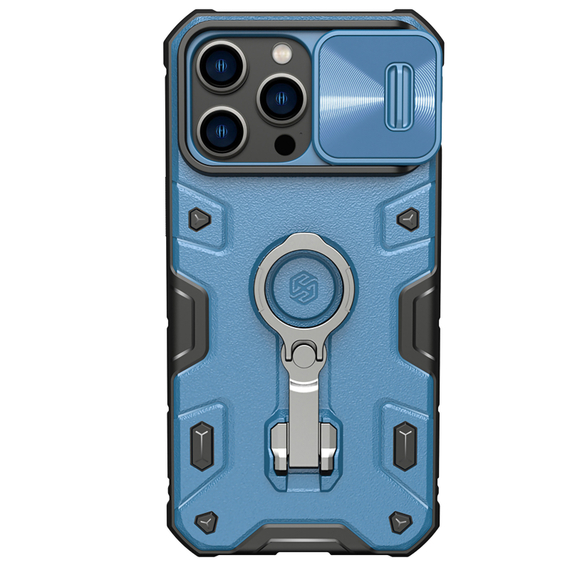 Чехол синего цвета от Nillkin для смартфона iPhone 14 Pro Max, серия CamShield Armor Pro, с металлическим поворотным кольцом и защитной шторкой для камеры