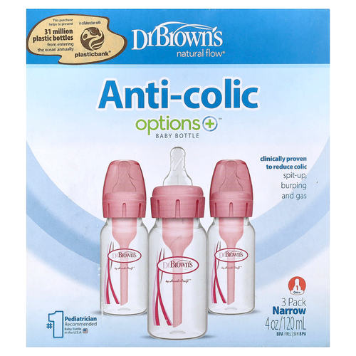 Dr. Brown's, Natural Flow®, Anti-colic Options+™, бутылочка для детей от 0 месяцев, 3 шт. по 120 мл (4 унции)