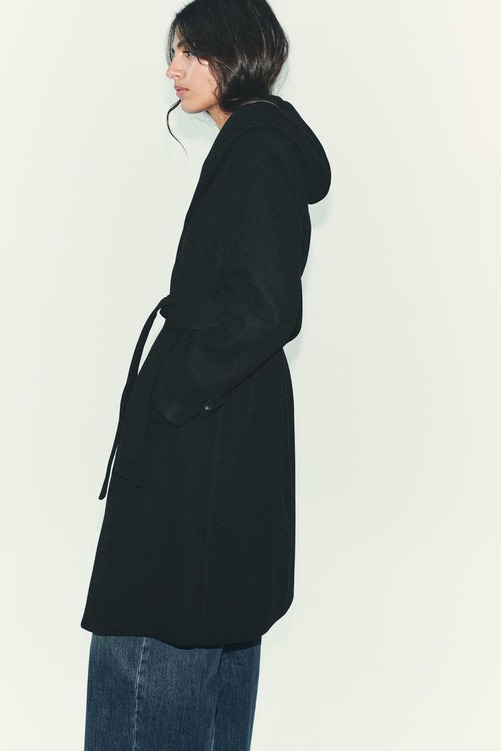 ZARA МЯГКОЕ ПАЛЬТО С КАПЮШОНОМ, ЧЕРНЫЙ