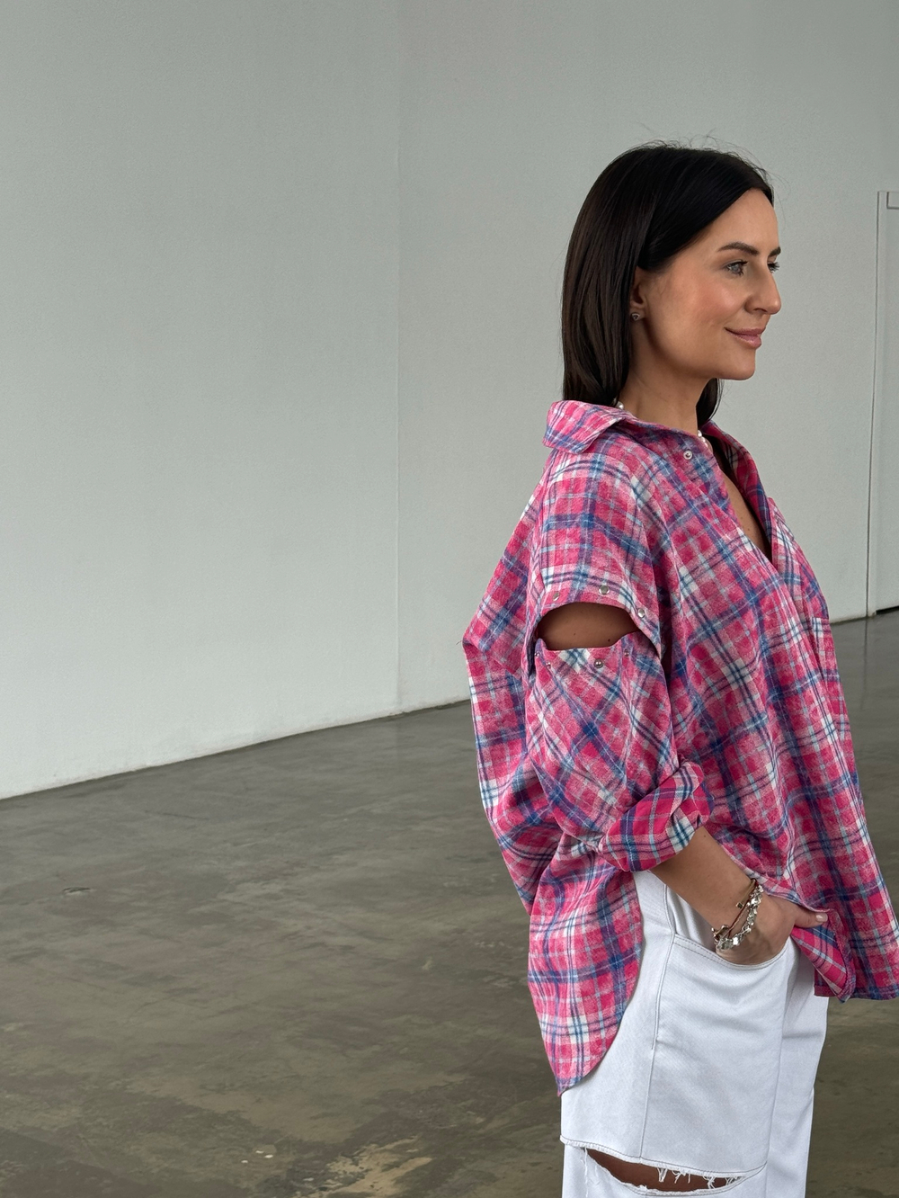 Рубашка трансформер в клетку розовая