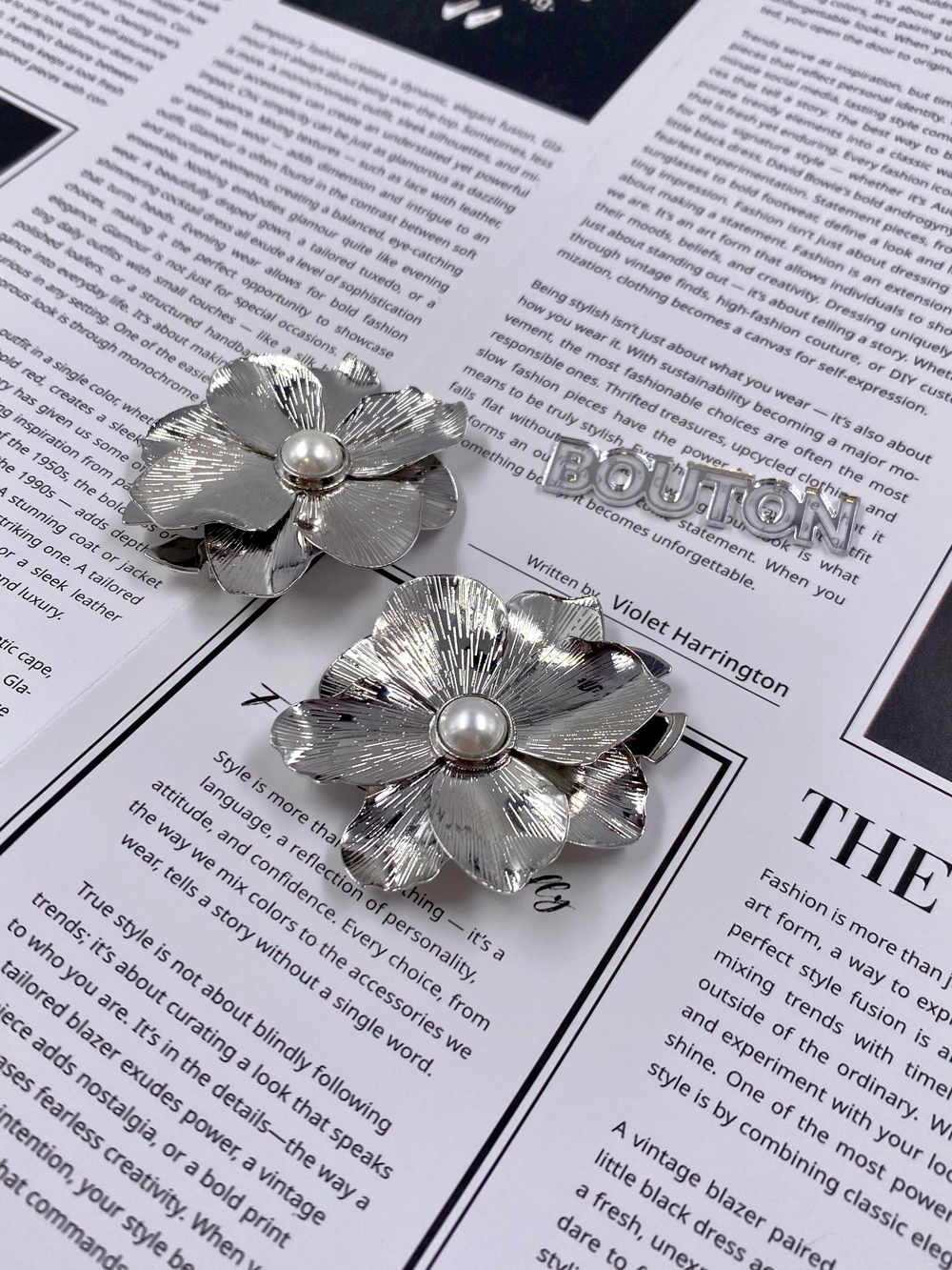 Накладка на пуговицу Цветок плоский серебристый