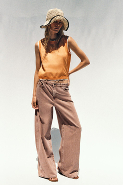 ZARA ДВУХСЛОЙНЫЙ ТРИКОТАЖНЫЙ ТОП ИЗ СМЕСОВОГО ЛЬНА, ОРАНЖЕВЫЙ