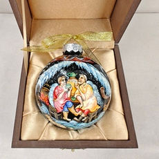 Коллекционный елочный шар с круговой росписью "У самовара" в футляре