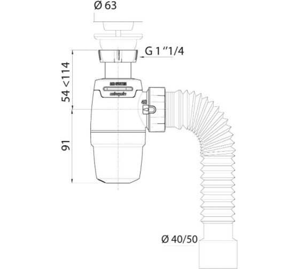 СИФОН ГОФРИРОВАННЫЙ 40*40/50ММ L-800ММ WIRQUIN NEO 03802