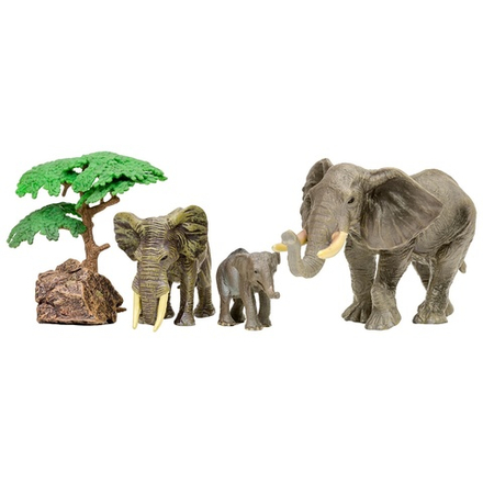 Набор фигурок животных серии "Мир диких животных": Семья слонов, дерево, камень
