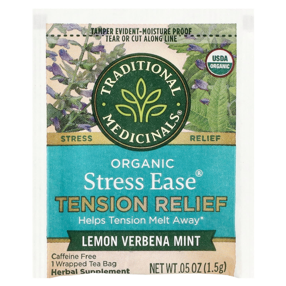 Traditional Medicinals, Organic Stress Ease®, средство для снятия напряжения, лимонная вербена и мята, без кофеина, 16 чайных пакетиков в упаковке, 24 г (0,85 унции)