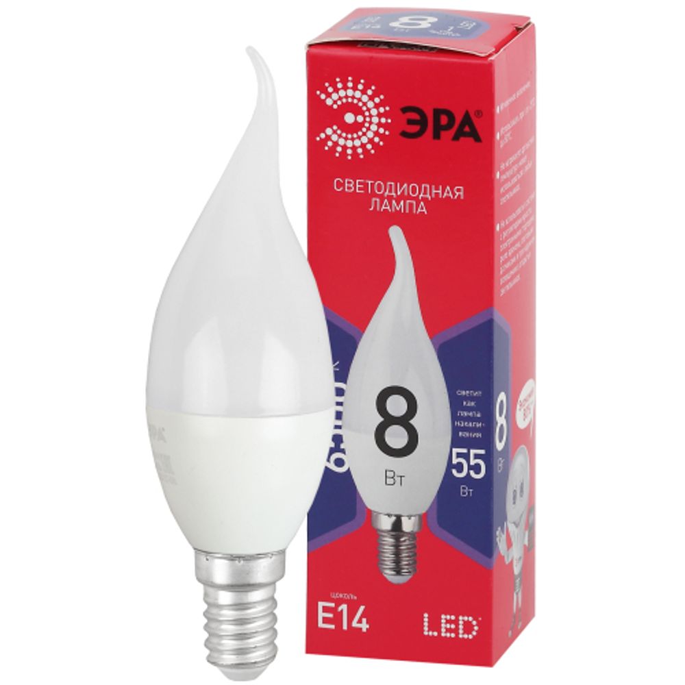 Лампочка светодиодная ЭРА RED LINE LED BXS-8W-865-E14 R E14 / Е14 8Вт свеча на ветру холодный дневной свет | Лампы cветодиодные Свеча (B/C)
