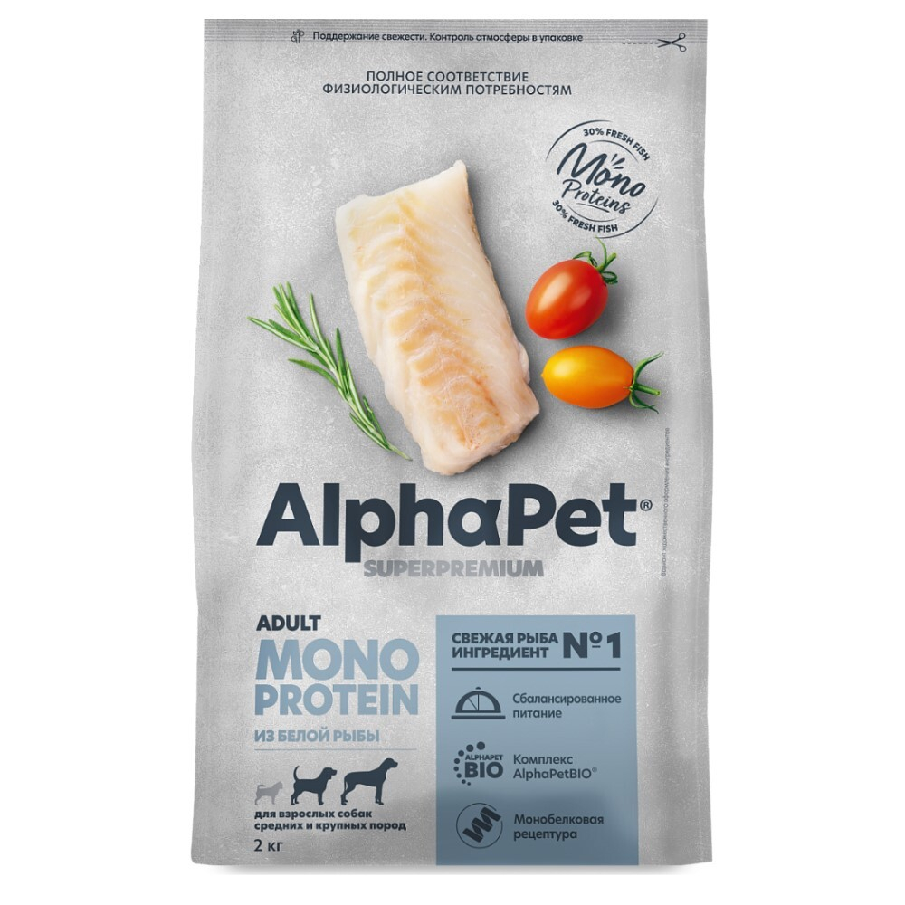 AlphaPet Monoprotein Superpremium корм для собак средних и крупных пород из белой рыбы (Adult)