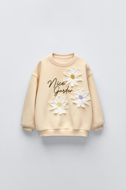 ZARA ТОЛСТОВКА С ЦВЕТОЧНОЙ АППЛИКАЦИЕЙ, ЦВЕТ СЛИВОЧНОГО МАСЛА