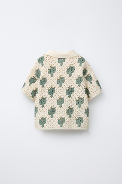 ZARA РУБАШКА ИЗ КРУЖЕВА КРОШЕ С УЗОРОМ «КАКТУСЫ», ЭКРЮ/ЗЕЛЕНЫЙ