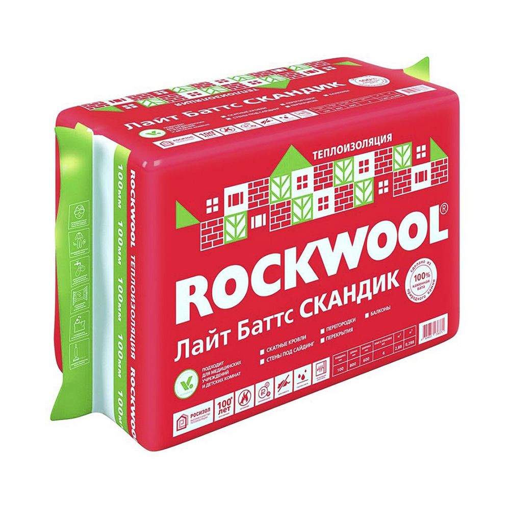 Каменная вата Rockwool Лайт Баттс Скандик, 800 x 600 x 50 мм, 12 плит