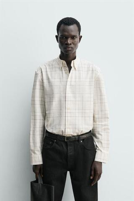 ZARA РУБАШКА RELAXED FIT В КЛЕТКУ, БЕЛЫЙ