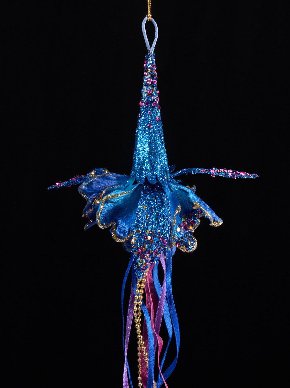 Подвеска колокольчик с лентами и бисером 33см ChristmasDeLuxe синий