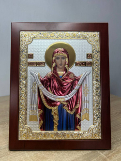 Покрова, икона прямоугольная с рамкой, красное дерево, эмаль 185х235