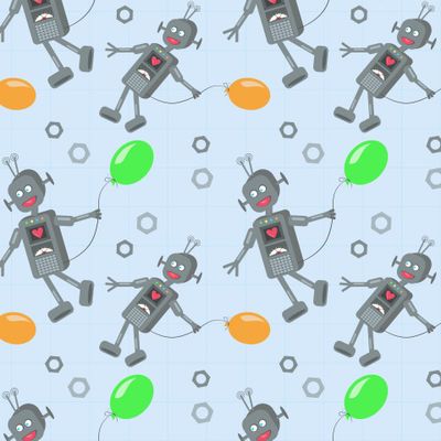 Весёлый робот, летящий на воздушном шарике.