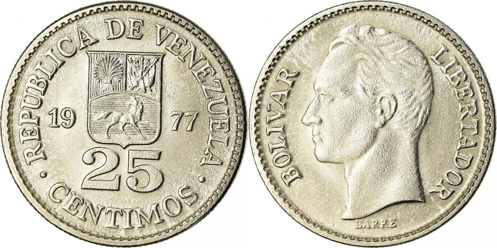 Венесуэла 25 сентимо, 1977-1987 Симон Боливар XF