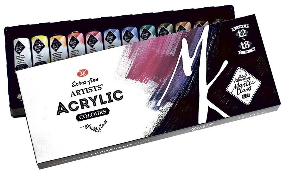 Краски акриловые художественные "Мастер-класс", НАБОР 12 цветов по 18 мл, в тубах, 12341417