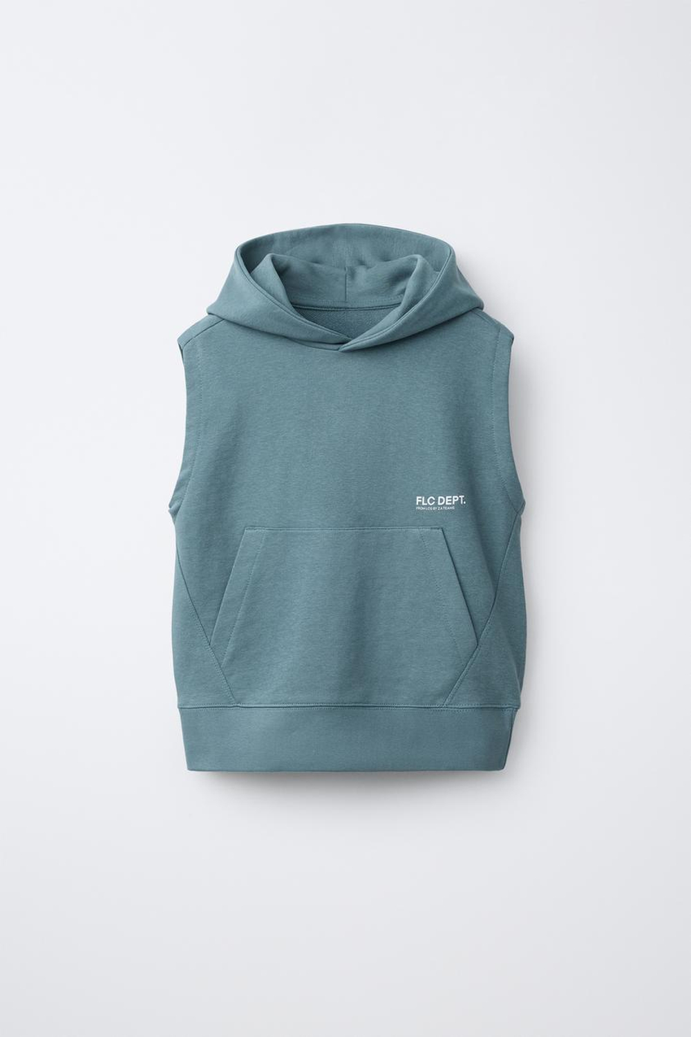 ZARA ФЛИСОВЫЙ ЖИЛЕТ С КАПЮШОНОМ И НАДПИСЬЮ, УТИНО-СИНИЙ