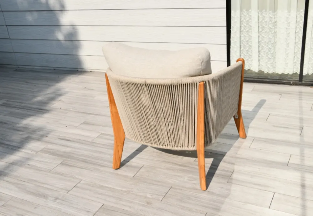 "Сидней" кресло плетеное из роупа, основание тик, каркас алюминий бежевый, роуп бежевый, ткань бежевая