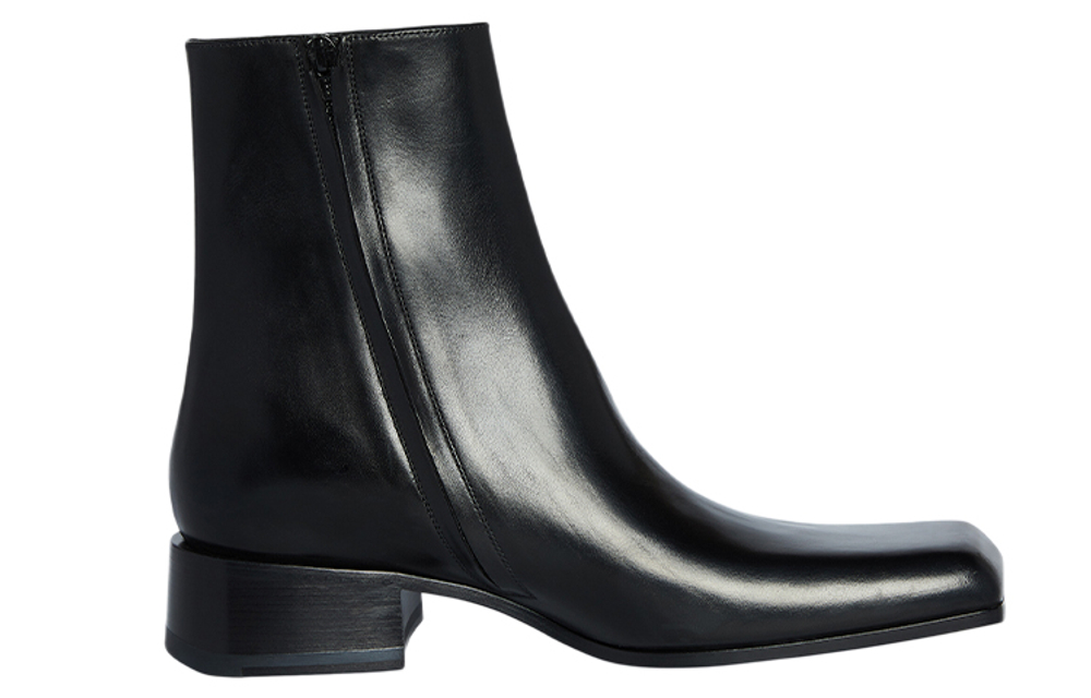 Balenciaga Square Toe Leather Ankle Boot Black