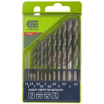 Набор сверл по металлу, 1,5 - 6,5 мм, 13 шт., Р6М5, пластиковый кейс Сибртех 72346