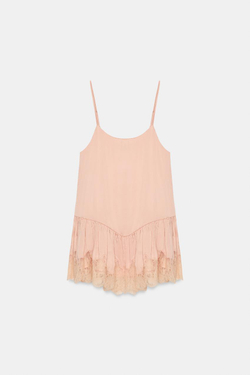 ZARA АТЛАСНОЕ ПЛАТЬЕ В БЕЛЬЕВОМ СТИЛЕ С КРУЖЕВОМ, ПАСТЕЛЬНО-РОЗОВЫЙ