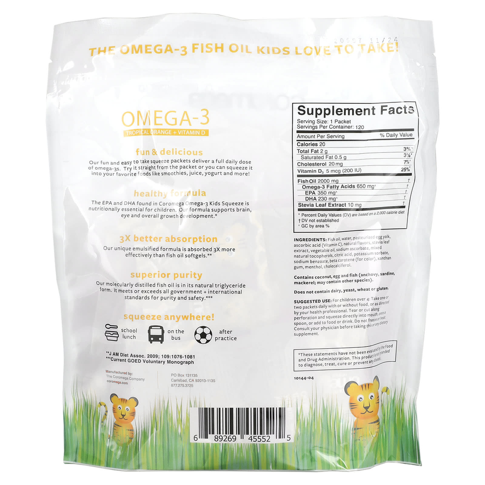 Coromega, Для детей, омега-3, тропический апельсин и витамин D, 120 капсул на одну порцию, по 2,5 г