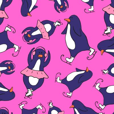 пингвины на коньках на розовом фоне